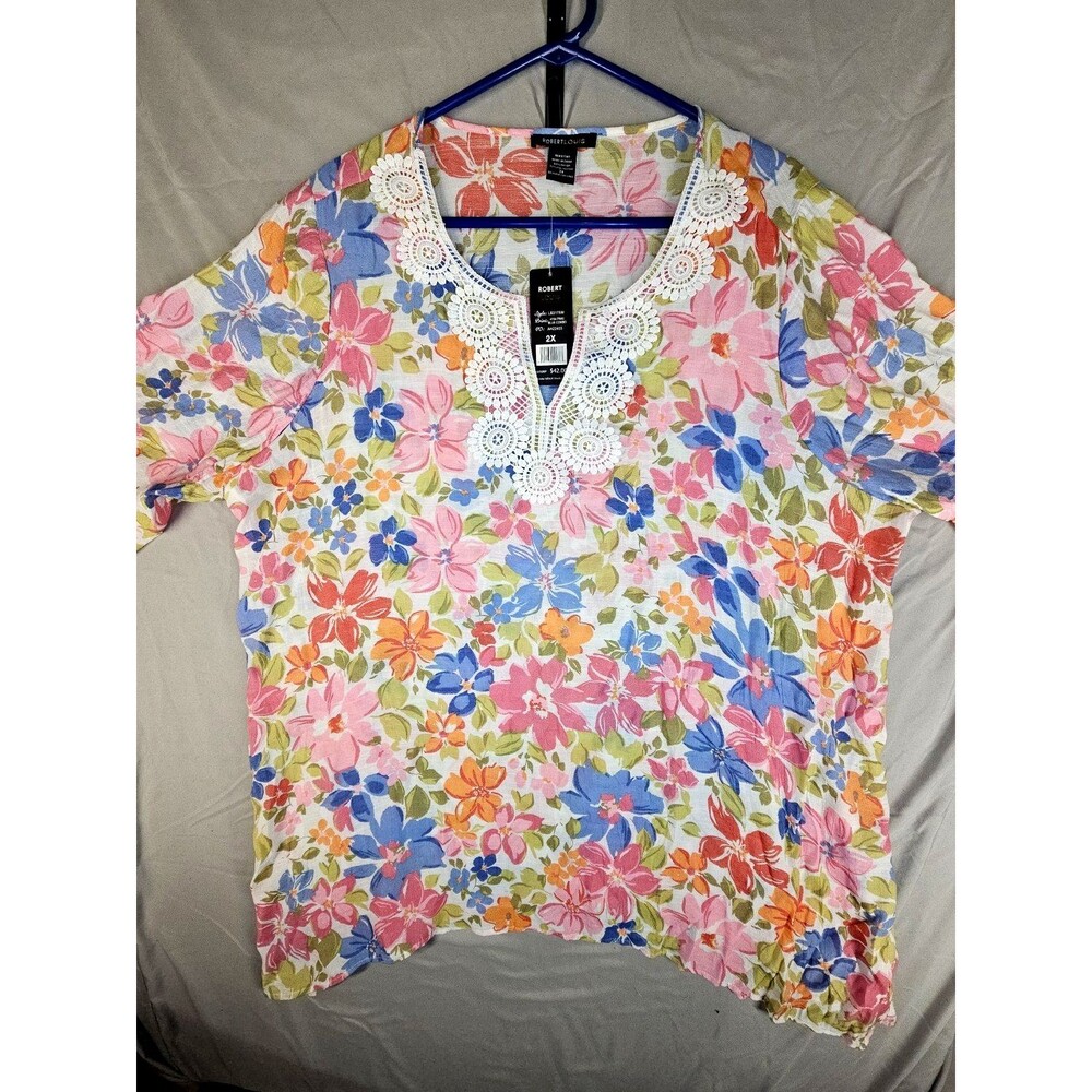 Robert Louis Women’s 2X Floral Blouse NWT Pink Blue Doily Lace V-Neck Long Sleev